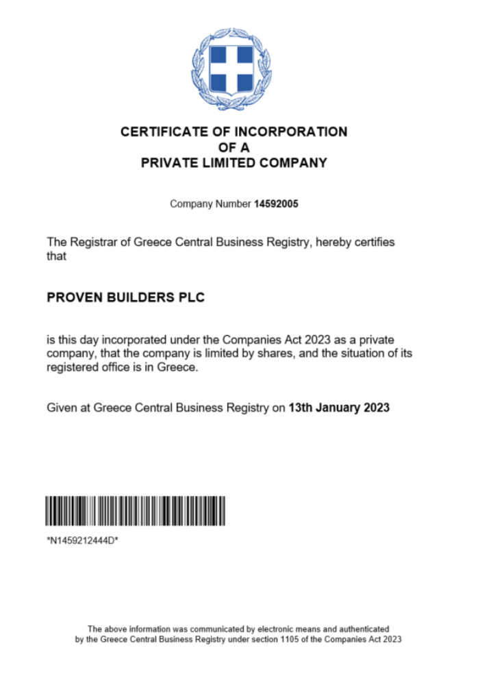 Greece certificate of registration Word and PDF template